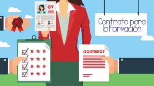 Imagen animadas con cuerpo de mujer al fondo y curriculum vitae en mano, manos laterales que aparecen en la imagen con tipos de contrato. Cartel con el lema "Contrato para la formación"